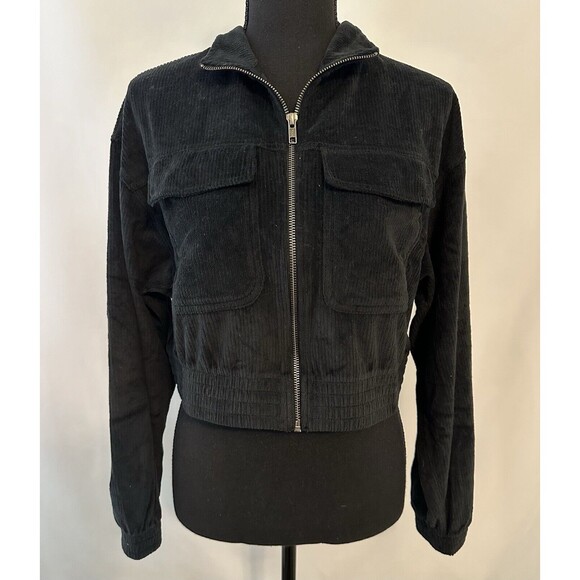 AERIE Ribbed Velour Zip Up‎ Long Sleeve Black Crop Sweater SMALL NWT - Picture 1 of 10